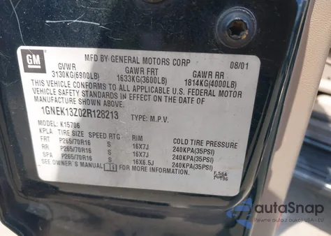 2002 Chevrolet Tahoe Lt from USA, damaged, VIN 1GNEK13Z02R128213